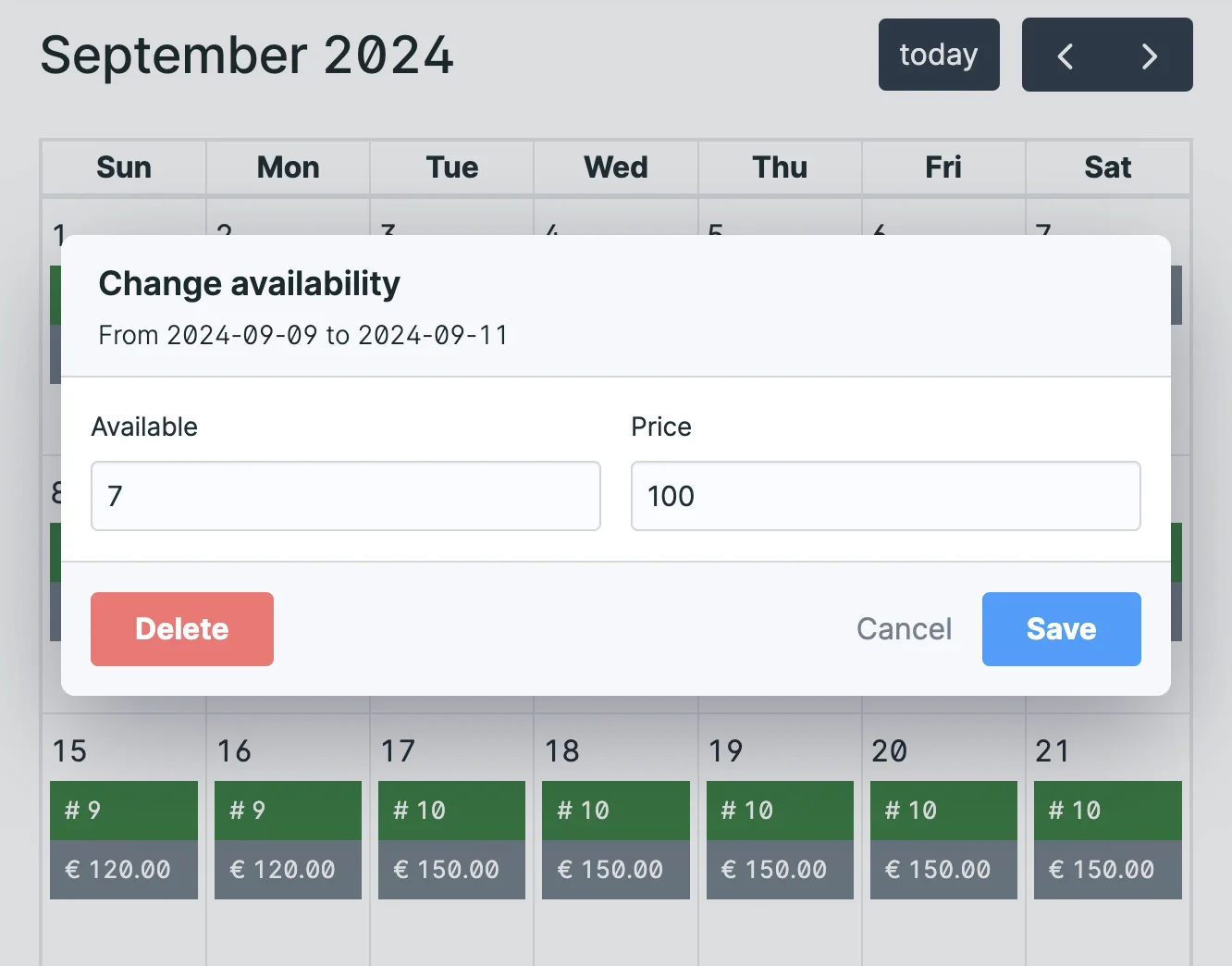 The Availability calendar when editing a field.