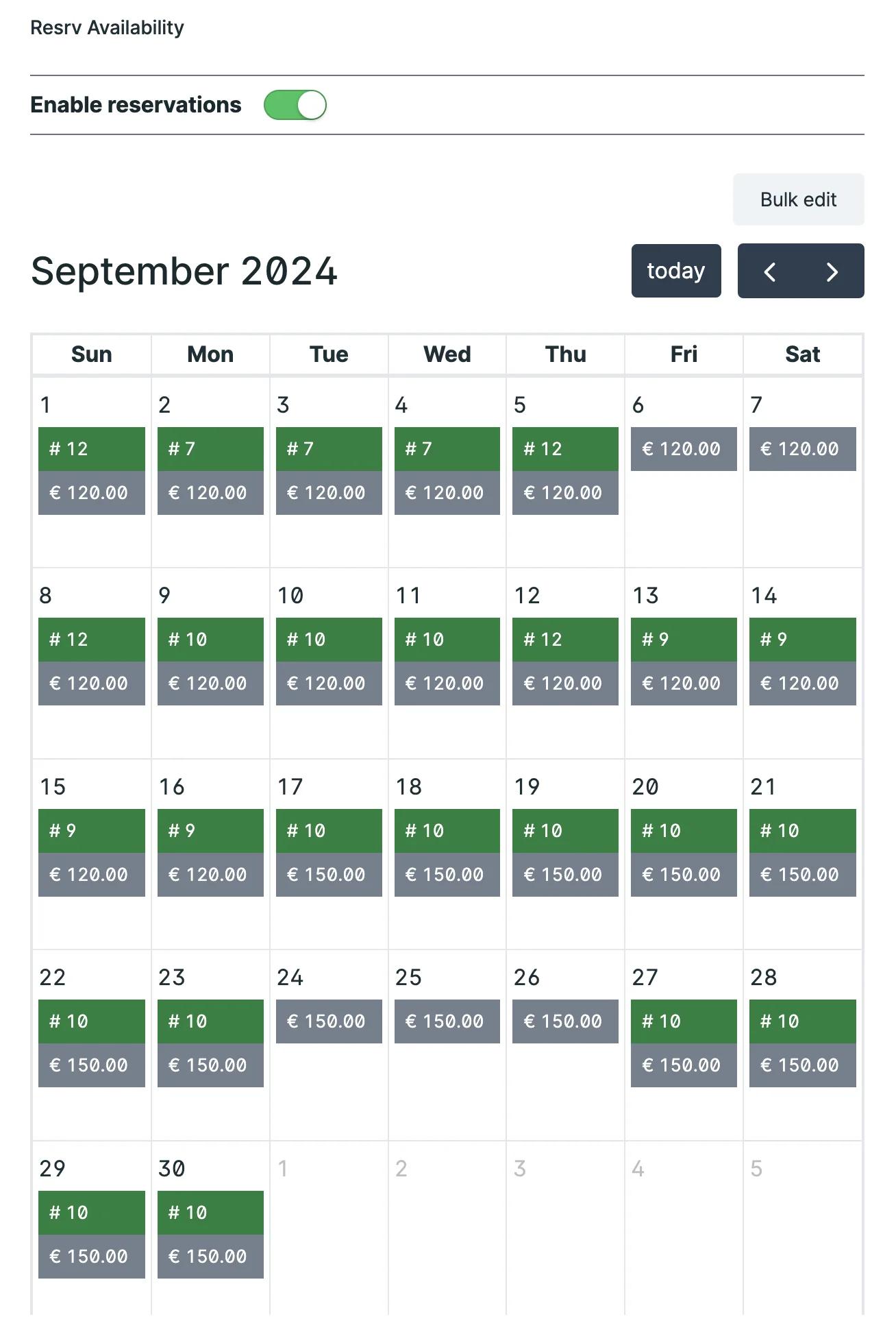 The Availability calendar when editing availability and pricing for a date range.