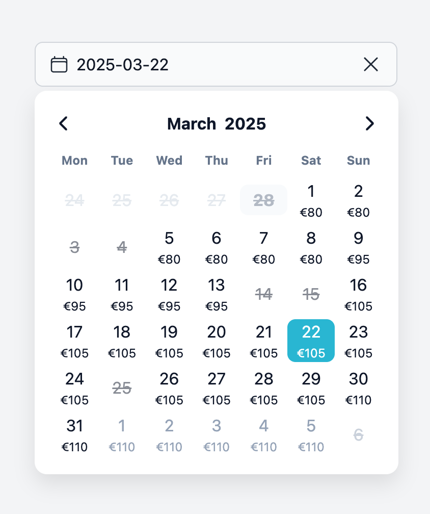The calendar with availability displayed.