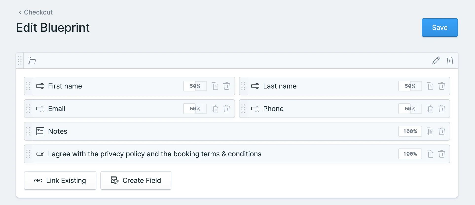 The checkout form in the Statamic form builder.