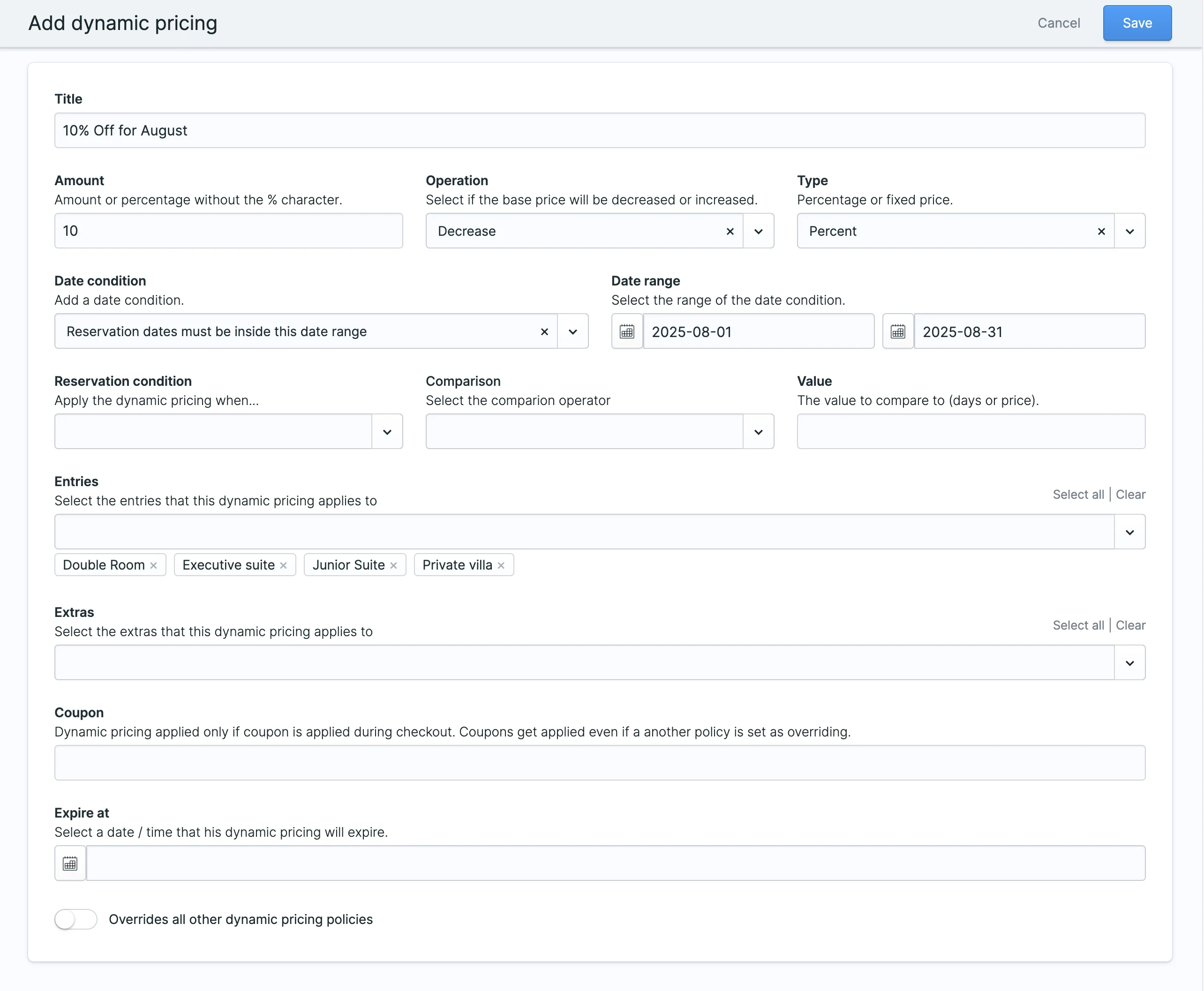 A dynamic pricing that applies a discount of 10% for reservations that are for August 2025.